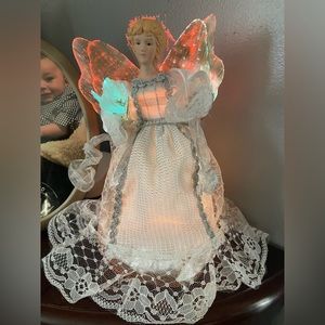 Vtg 1989’s  Porcelain Fiber Optic Angel Christmas Tree Topper Mantle  Sitter 10”